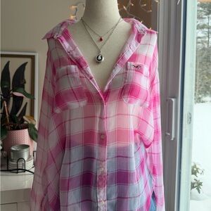 Y2k Hollister Pink and White Sheer Plaid Shirt